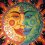 Sun+Moon is a psychedelic spiritual visionary fantasy fine art mural painting by symeon nostrakis of 333artworks/tripleviewart, and depicting mystery, magic alchemy, the sun and the moon coming together in an eclipse (sunmoon as the union of the opposites), the third eye/3rd eye inside a flower growing from a heart, and everything surrounded by space with stars and a circular rainbow (available on posters, postcards, t-shirts, backdrops/banners)